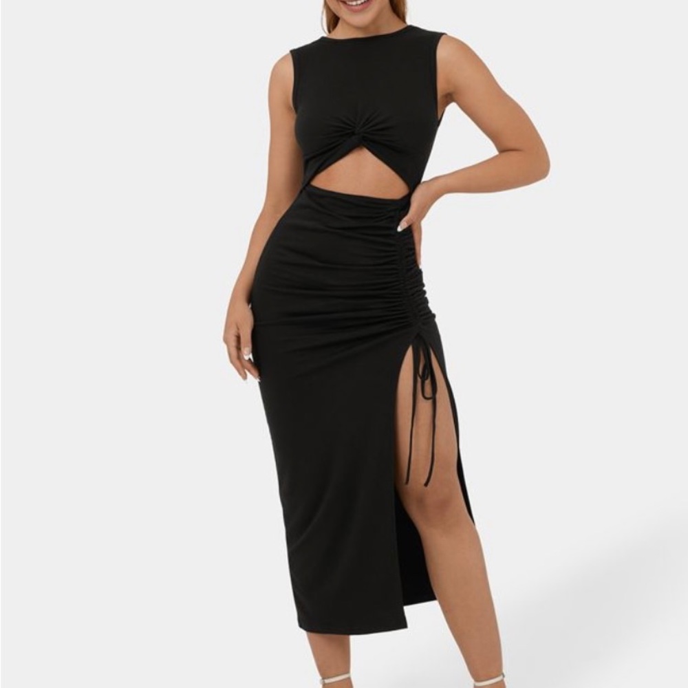 Black Halara Dress 1X Twisted Ruched Drawstring Split Bodycon Midi Casual Plus